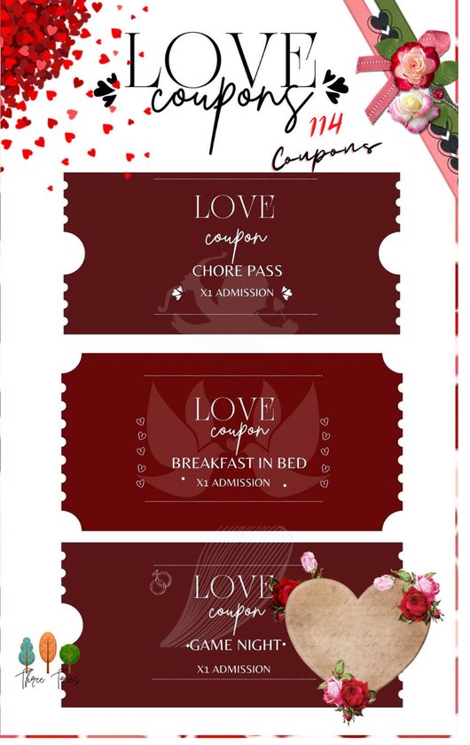 Love Coupons : 114 Coupons for him and her, Valentines Day Coupons, Gift by Three Trees