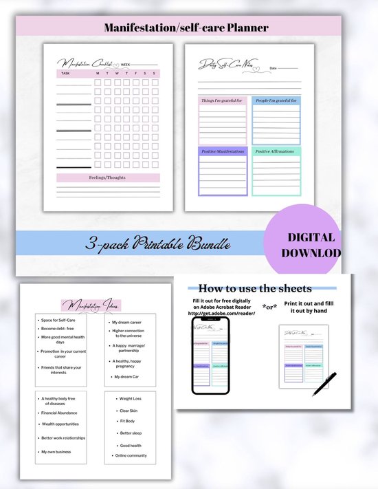 Manifestation Diary checklist Self care planner, to-do List, Mental Health well being, Daily Printable Check list