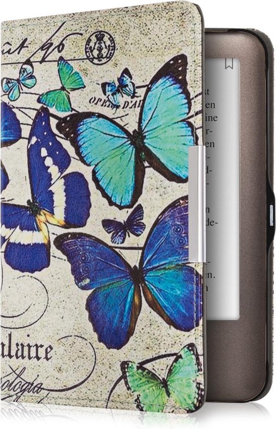 kwmobile e-reader hoesje geschikt voor Tolino Shine (2013) hoes - E reader flip case met magnetische sluiting - Ereader cover - Vintage Vlinder design in blauw / mintgroen / beige