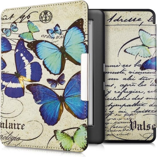 kwmobile e-reader hoesje geschikt voor Kobo Glo HD / Touch 2.0 hoes - E reader flip case met magnetische sluiting - Ereader cover - Vintage Vlinder design in blauw / mintgroen / beige