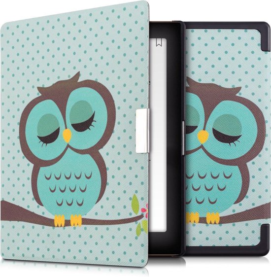 kwmobile e-reader hoesje geschikt voor Kobo Aura Edition 1 hoes - E reader flip case met magnetische sluiting - Ereader cover - Slapende Uil design in turquoise / bruin / mintgroen