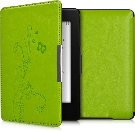 kwmobile e-reader hoesje geschikt voor Amazon Kindle Paperwhite hoes - E reader flip case met magnetische sluiting - Ereader cover - Stengels en Vlinder design in lichtgroen