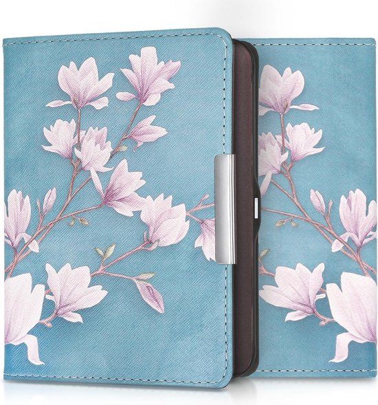 kwmobile e-reader hoesje geschikt voor Tolino Shine (2013) hoes - E reader flip case met magnetische sluiting - Ereader cover - Magnolia design in taupe / wit / blauwgrijs