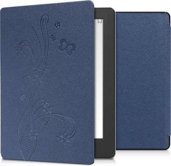 kwmobile e-reader hoesje geschikt voor Kobo Aura H2O Edition 2 hoes - E reader flip case met magnetische sluiting - Ereader cover - Stengels en Vlinder design in donkerblauw