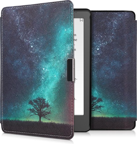 kwmobile e-reader hoesje geschikt voor Kobo Aura Edition 2 hoes - E reader flip case met magnetische sluiting - Ereader cover - Sterrenstelsel en Boom design in blauw / grijs / zwart