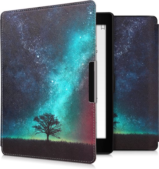 kwmobile e-reader hoesje geschikt voor Kobo Aura ONE hoes - E reader flip case met magnetische sluiting - Ereader cover - Sterrenstelsel en Boom design in blauw / grijs / zwart