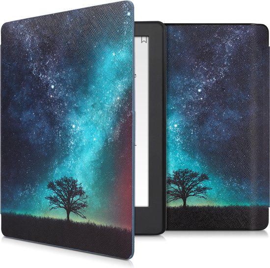 kwmobile e-reader hoesje geschikt voor Kobo Aura H2O Edition 2 hoes - E reader flip case met magnetische sluiting - Ereader cover - Sterrenstelsel en Boom design in blauw / grijs / zwart