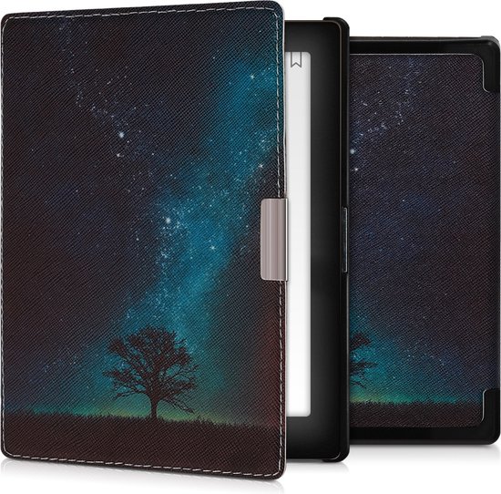 kwmobile e-reader hoesje geschikt voor Kobo Aura Edition 1 hoes - E reader flip case met magnetische sluiting - Ereader cover - Sterrenstelsel en Boom design in blauw / grijs / zwart