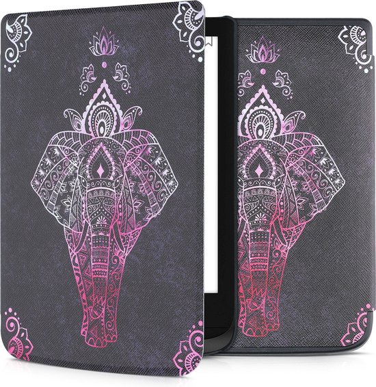 kwmobile e-reader hoesje geschikt voor Pocketbook Touch Lux 4/5/Touch HD 3/Color (2020)/ Vivlio Lux 5 hoes - E reader flip case met magnetische sluiting - Ereader cover - Olifantentekening design in roze / antraciet