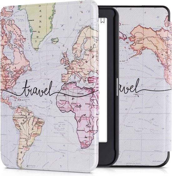 kwmobile e-reader hoesje geschikt voor Tolino Shine 3 hoes - E reader flip case met magnetische sluiting - Ereader cover - Travel Wereldkaart design in zwart / meerkleurig