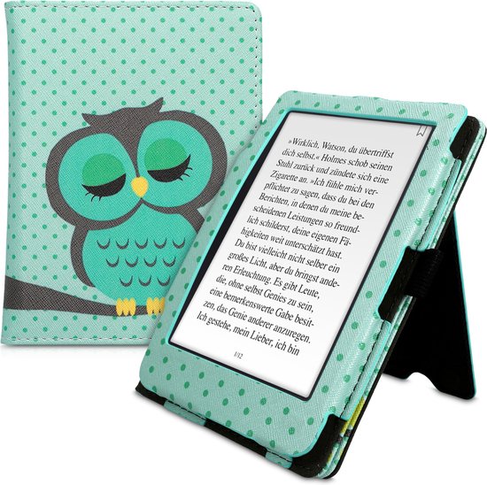 kwmobile e-reader hoesje geschikt voor Tolino Shine 3 hoes - E reader flip case van kunstleer - Ereader cover met stand - Slapende Uil design in turquoise / bruin / mintgroen