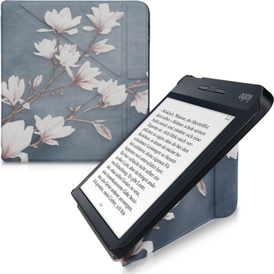 kwmobile e-reader hoesje geschikt voor Kobo Libra H2O hoes - Ereader flip case met standaard - E reader cover van kunstleer - In taupe / wit / blauwgrijs