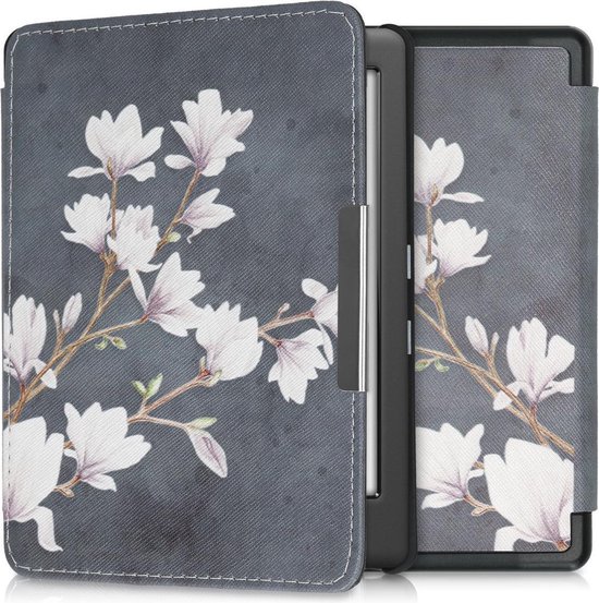 kwmobile e-reader hoesje geschikt voor Kobo Glo HD / Touch 2.0 hoes - E reader flip case met magnetische sluiting - Ereader cover - Magnolia design in taupe / wit / donkergrijs