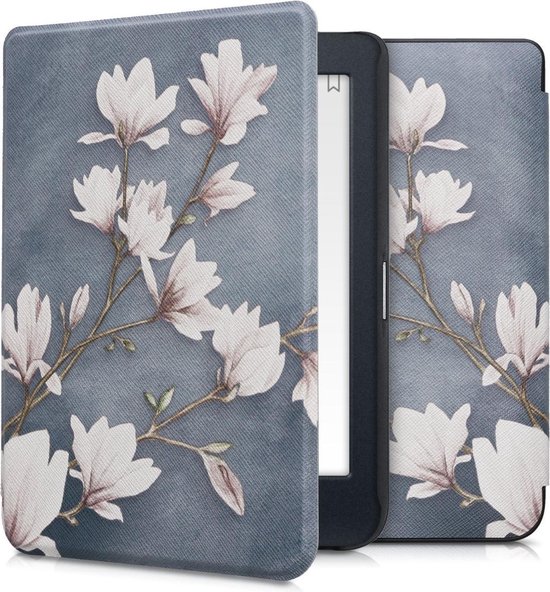 kwmobile e-reader hoesje geschikt voor Kobo Nia hoes - E reader flip case met magnetische sluiting - Ereader cover - Magnolia design in taupe / wit / blauwgrijs