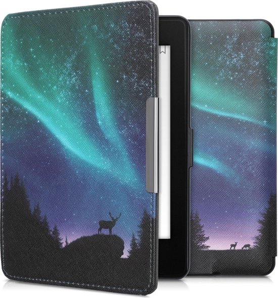 kwmobile e-reader hoesje geschikt voor Amazon Kindle Paperwhite hoes - E reader flip case met magnetische sluiting - Ereader cover - Noorderlicht Hert design in turquoise / blauw / zwart