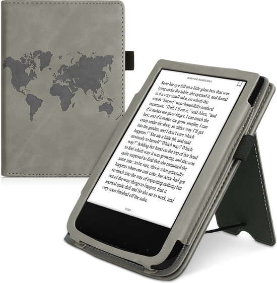 kwmobile e-reader hoesje geschikt voor Pocketbook Touch Lux 4/5/Touch HD 3/Color (2020)/ Vivlio Lux 5 hoes - E reader flip case van kunstleer - Ereader cover met stand - Wereldkaart design in grijs