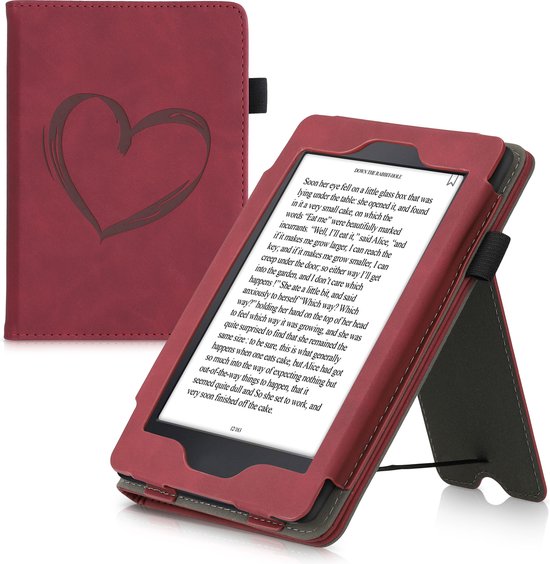 kwmobile e-reader hoesje geschikt voor Amazon Kindle Paperwhite hoes - E reader flip case van kunstleer - Ereader cover met stand - Brushed Hart design in donkerrood