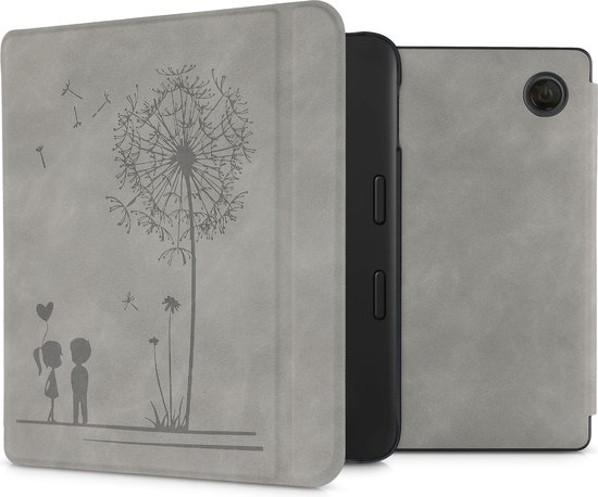 kwmobile e-reader hoesje geschikt voor Tolino Vision 6 hoes - Ereader flip case met standaard - Kunstleren e reader cover - Paardenbloemen Liefde design in grijs