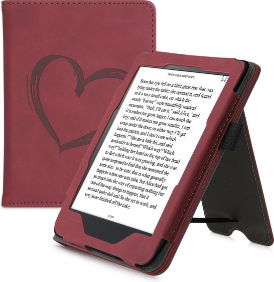 kwmobile e-reader hoesje geschikt voor Kobo Clara HD hoes - E reader flip case van kunstleer - Ereader cover met stand - Brushed Hart design in donkerrood