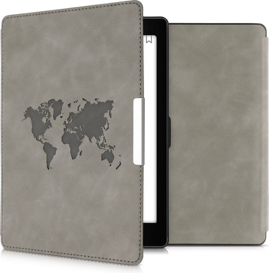 kwmobile e-reader hoesje geschikt voor Kobo Aura ONE hoes - Ereader flip case met standaard - Kunstleren e reader cover - Wereldkaart design in grijs