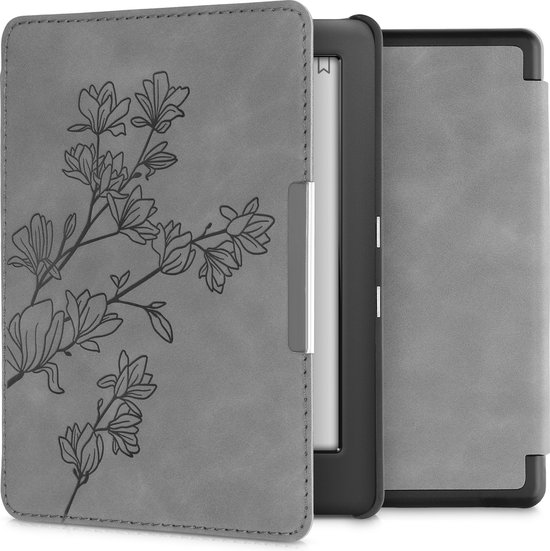 kwmobile e-reader hoesje geschikt voor Kobo Glo HD / Touch 2.0 hoes - Ereader flip case met standaard - Kunstleren e reader cover - Magnolia design in grijs