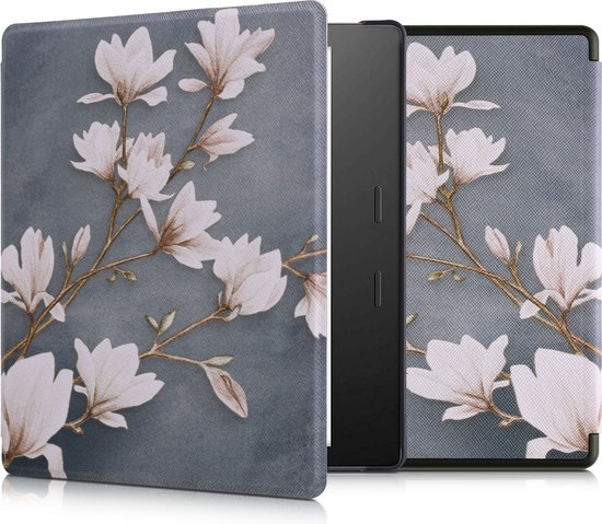 kwmobile e-reader hoesje geschikt voor Amazon Kindle Oasis 10. Generation hoes - E reader flip case met magnetische sluiting - Ereader cover - Zwart-witte bloemen design in wit / zwart