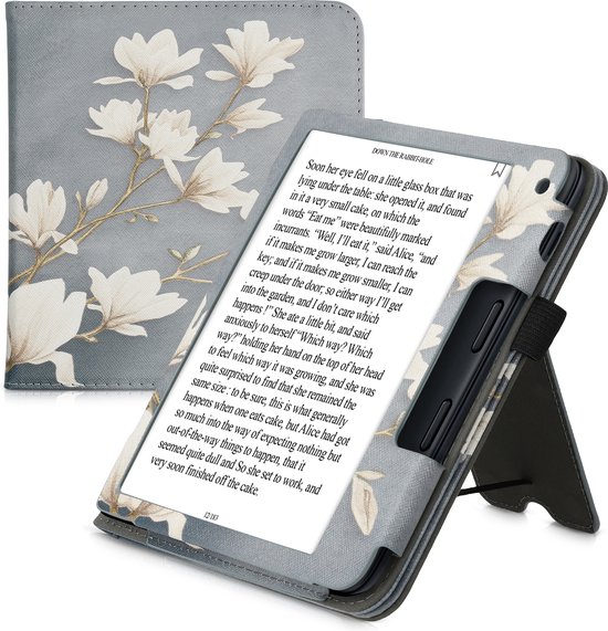 kwmobile e-reader hoesje geschikt voor Kobo Libra 2 hoes - E reader flip case van kunstleer - Ereader cover met stand - Magnolia design in taupe / wit / blauwgrijs