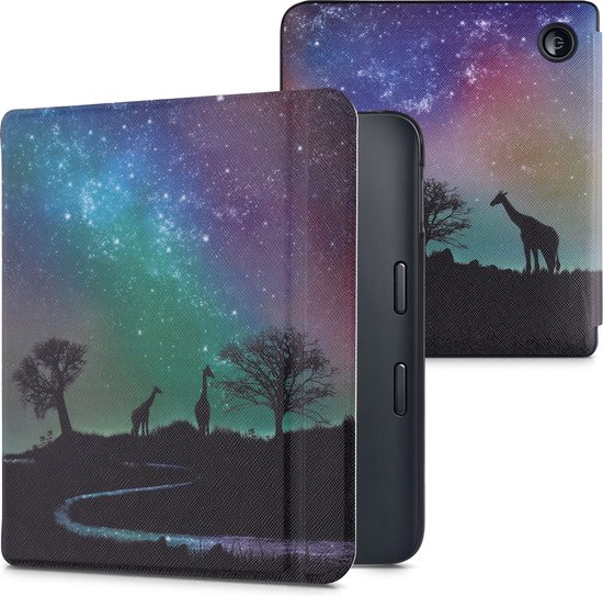 kwmobile e-reader hoesje geschikt voor Tolino Vision 6 hoes - E reader flip case met magnetische sluiting - Ereader cover - Sterrenhemel Giraffe design in zwart / donkerblauw / roze