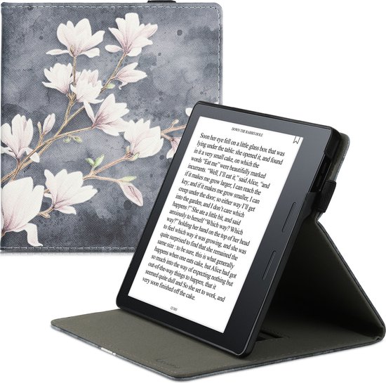 kwmobile e-reader hoesje geschikt voor Amazon Kindle Oasis 10. Generation hoes - Ereader flip case met standaard - Kunstleren e reader cover - Magnolia design in taupe / wit / blauwgrijs