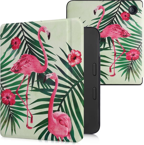 kwmobile e-reader hoesje geschikt voor Tolino Vision 6 hoes - E reader flip case met magnetische sluiting - Ereader cover - Flamingo en Palmbomen design in poederroze / groen / lichtgroen