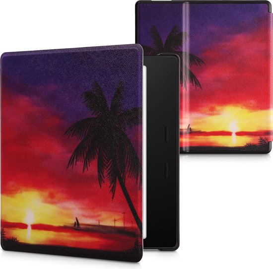 kwmobile e-reader hoesje geschikt voor Amazon Kindle Oasis 10. Generation hoes - E reader flip case met magnetische sluiting - Ereader cover - Tropische zonsondergang design in poederroze / geel / paars
