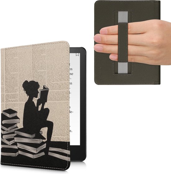 kwmobile e-reader hoesje geschikt voor Amazon Kindle Paperwhite 11. Generation 2021 hoes - E reader flip case met magneetsluiting - Ereader cover - Meisje met boeken design in zwart / beige