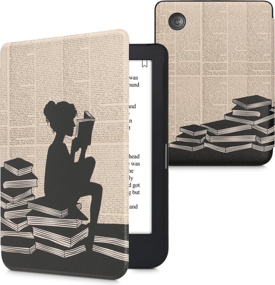 kwmobile e-reader hoesje geschikt voor Kobo Clara 2E hoes - E reader flip case met magnetische sluiting - Ereader cover - Meisje met boeken design in zwart / beige