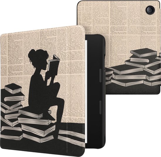 kwmobile e-reader hoesje geschikt voor Tolino Epos 3 hoes - E reader flip case met magnetische sluiting - Ereader cover - Meisje met boeken design in zwart / beige