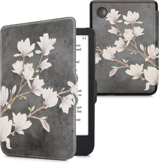 kwmobile e-reader hoesje geschikt voor Kobo Clara 2E hoes - E reader flip case met magnetische sluiting - Ereader cover - Magnolia design in taupe / wit / donkergrijs