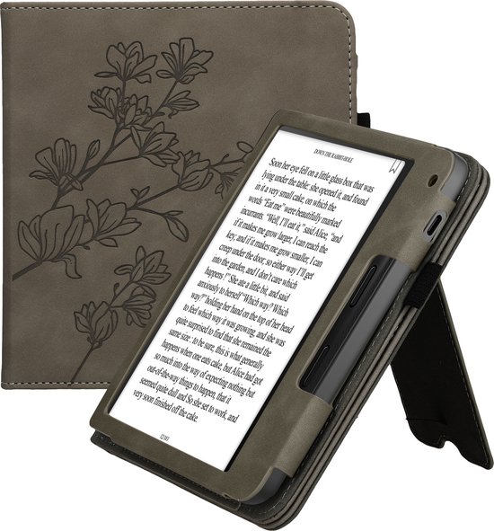kwmobile e-reader hoesje geschikt voor Tolino Vision 6 hoes - E reader flip case van kunstleer - Ereader cover met stand - Magnolia design in grijs