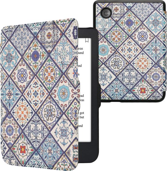 kwmobile e-reader hoesje geschikt voor Kobo Clara 2E hoes - E reader flip case met magnetische sluiting - Ereader cover - Marokkaanse Tegels Bont design in blauw / oranje / wit