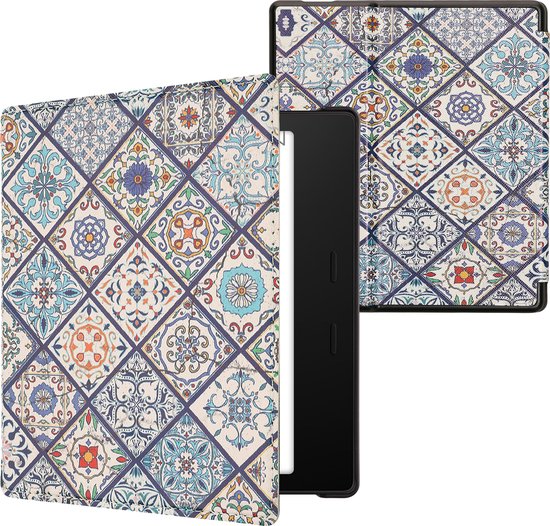 kwmobile e-reader hoesje geschikt voor Amazon Kindle Oasis 10. Generation hoes - E reader flip case met magnetische sluiting - Ereader cover - Marokkaanse Tegels Bont design in blauw / oranje / wit