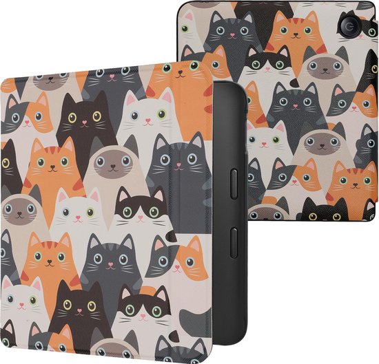 kwmobile e-reader hoesje geschikt voor Kobo Libra 2 hoes - E reader flip case met magnetische sluiting - Ereader cover - Katten design in oranje / zwart / wit