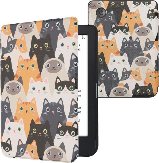 kwmobile e-reader hoesje geschikt voor Kobo Clara 2E hoes - E reader flip case met magnetische sluiting - Ereader cover - Katten design in oranje / zwart / wit