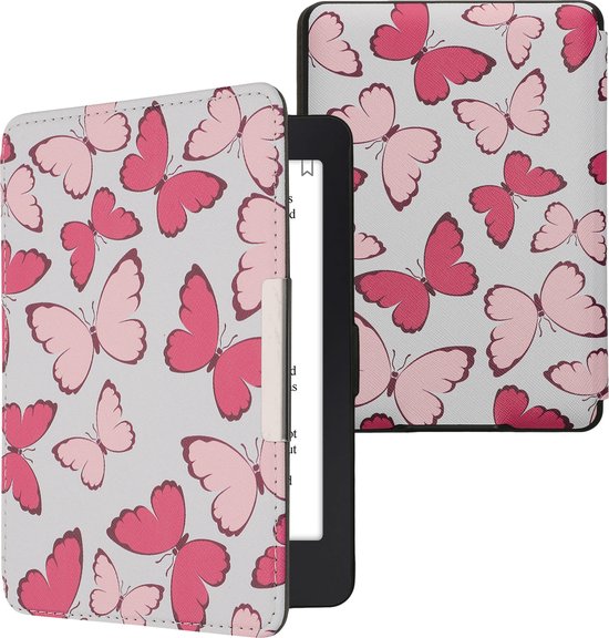 kwmobile e-reader hoesje geschikt voor Amazon Kindle Paperwhite hoes - E reader flip case met magnetische sluiting - Ereader cover - Vlinders design in poederroze / paars