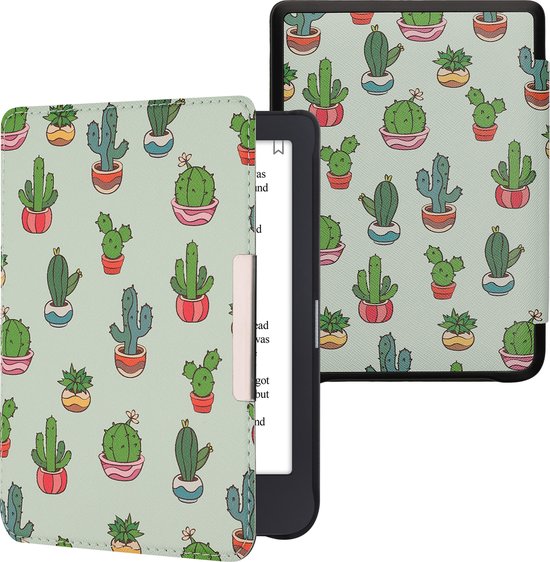 kwmobile e-reader hoesje geschikt voor Tolino Shine 3 hoes - E reader flip case met magnetische sluiting - Ereader cover - Cactussen design in lichtgroen / donkergroen