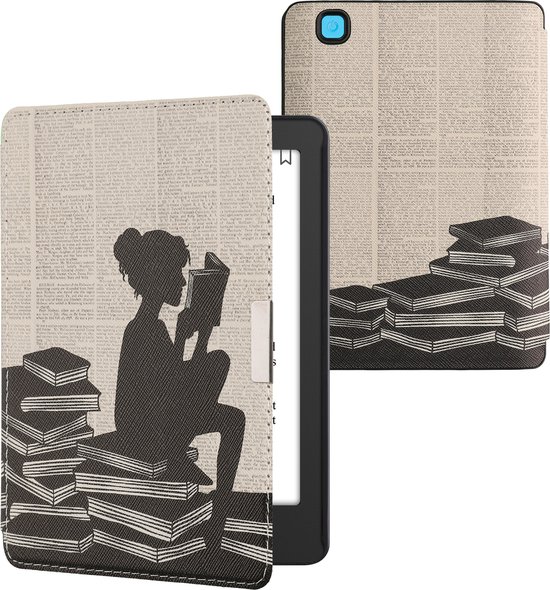 kwmobile e-reader hoesje geschikt voor Kobo Aura Edition 2 hoes - E reader flip case met magnetische sluiting - Ereader cover - Meisje met boeken design in zwart / beige