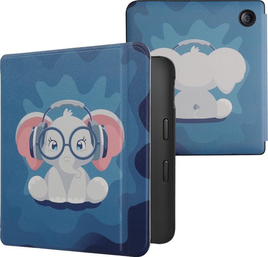 kwmobile e-reader hoesje geschikt voor Kobo Libra 2 hoes - E reader flip case met magnetische sluiting - Ereader cover - Schattige olifant design in lichtblauw / donkerblauw / grijs