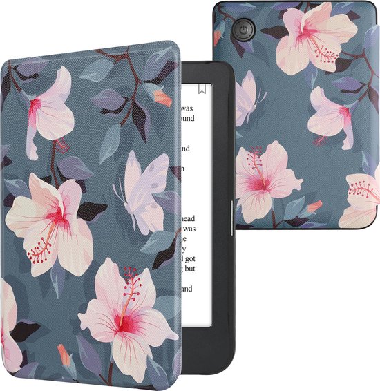 kwmobile e-reader hoesje geschikt voor Kobo Clara 2E hoes - E reader flip case met magnetische sluiting - Ereader cover - Fuchsia bloemen design in wit / poederroze / paars
