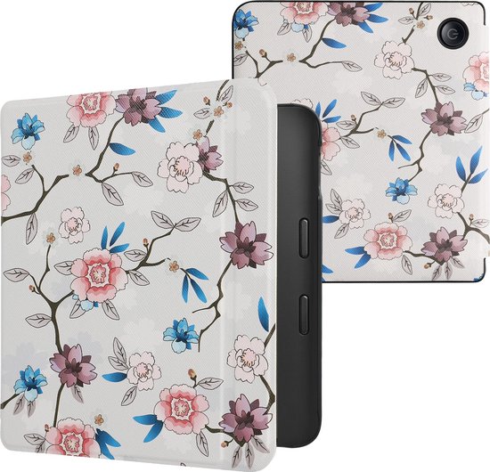 kwmobile e-reader hoesje geschikt voor Kobo Libra 2 hoes - E reader flip case met magnetische sluiting - Ereader cover - Elegante bloemen design in wit / poederroze / blauw