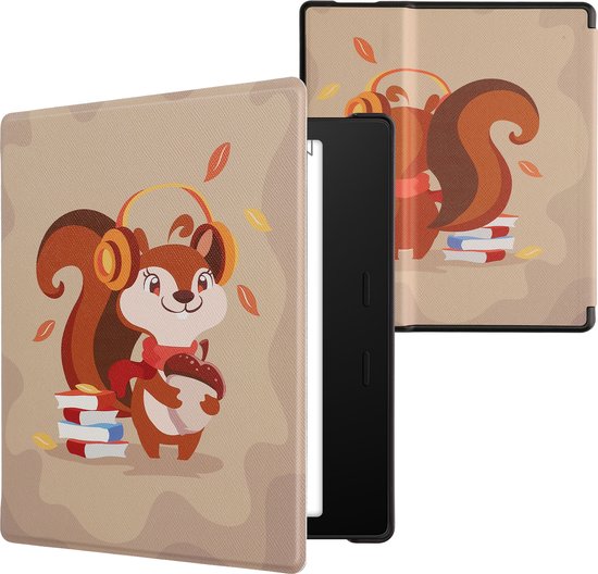 kwmobile e-reader hoesje geschikt voor Amazon Kindle Oasis 10. Generation hoes - E reader flip case met magnetische sluiting - Ereader cover - Eekhoorntje design in bruin / rood / beige