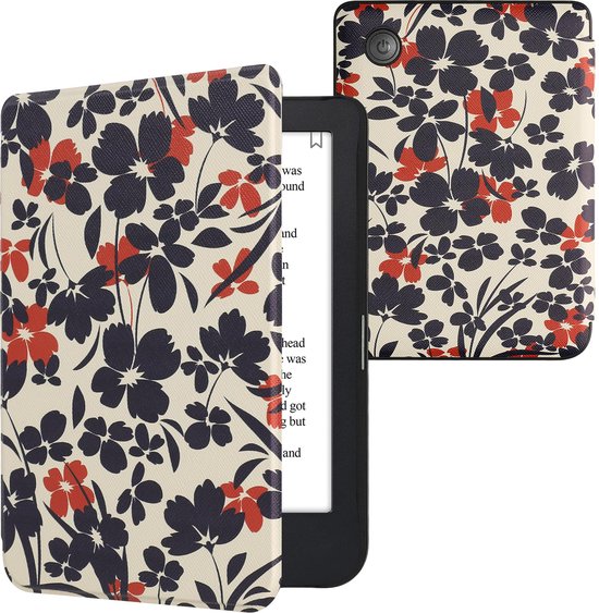 kwmobile e-reader hoesje geschikt voor Kobo Clara 2E hoes - E reader flip case met magnetische sluiting - Ereader cover - Bloemen blauw/rood design in blauw / rood / wit
