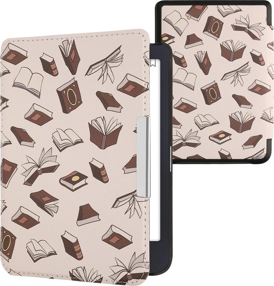 kwmobile e-reader hoesje geschikt voor Tolino Shine 3 hoes - E reader flip case met magnetische sluiting - Ereader cover - Boeken design in beige / bruin / goud