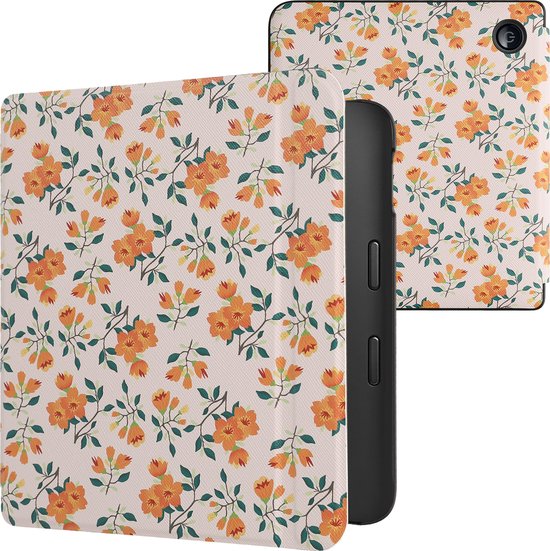 kwmobile e-reader hoesje geschikt voor Kobo Libra 2 hoes - E reader flip case met magnetische sluiting - Ereader cover - Gele bloemen design in geel / groen / beige